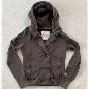 Abercrombie & Fitch Hoodie Women Large Brown Double Breasted Pea Coat Sweatshirt